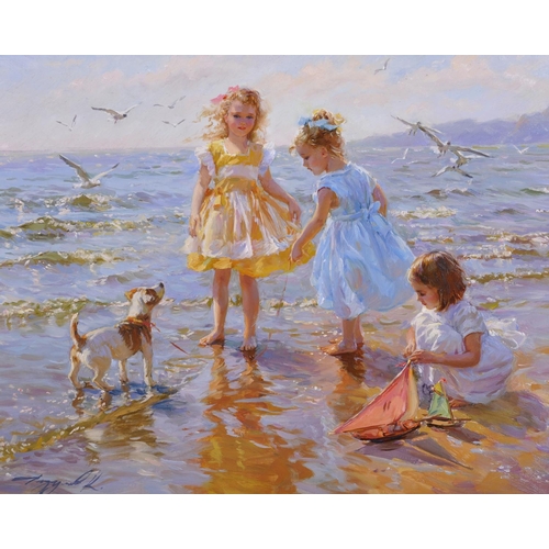 348 - Konstantin Razumov (1974-    ) Russian. “Sunny Day at Sea”, with Children and a Terrier on the Beach... 