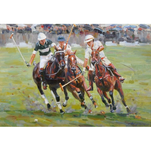 349 - Alexandre Averin (1952-    ) Russian.
A Polo Match, with Three Riders and Horses,
Oil on Canvas, Sig... 