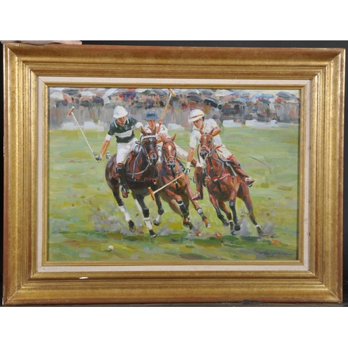 349 - Alexandre Averin (1952-    ) Russian.
A Polo Match, with Three Riders and Horses,
Oil on Canvas, Sig... 