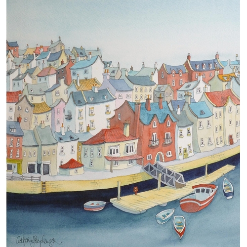 354 - Catherine J Stephenson (20th Century) British. 
A Town Scene by a Harbour a Jetty in the foreground,... 