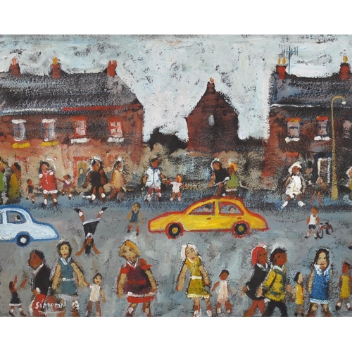 359 - Simeon Stafford (1956-    ) British. 
A Street Scene with Figures and Cars, Oil on Board, Signed, 8