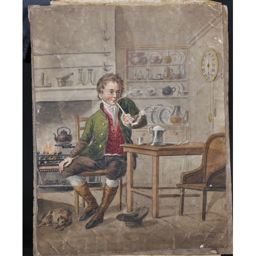 6 - J… J… Young (early 19th Century) British. A Kitchen Interior with a Man Smoking a Pipe, Watercolour,... 