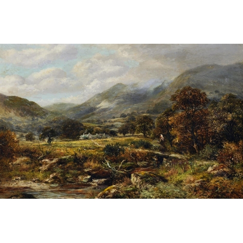 72 - Robert John Hammond (act.1879-1911) British. A Mountainous River Landscape, with a Figure on a Bridg... 