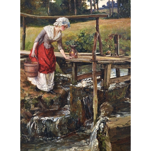 80 - Talbot Hughes (1869-1942) British. “At the Stream”, a Young Girl collecting Water, Oil on Board, Sig... 