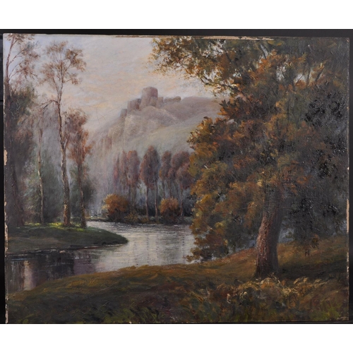 84 - E… P…. Baker (19th Century) British.
A Tranquil River Landscape, with a Hilltop Fortification, Oil o... 