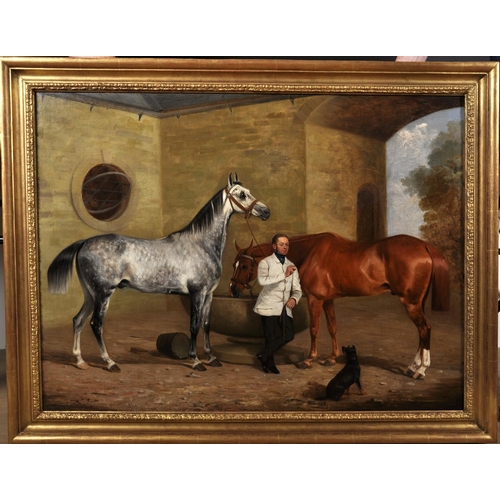 95 - William Barraud (1810-1850) British.
Dappled Gray and Chestnut Thoroughbreds with their Trainer,
Oil... 