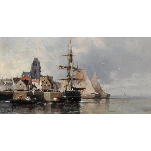 116 - Ferdinand Boheur (1817-1887) French.
Boats in a Continental Harbour,
Oil on Panel, Signed,
8.5