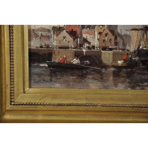 116 - Ferdinand Boheur (1817-1887) French.
Boats in a Continental Harbour,
Oil on Panel, Signed,
8.5