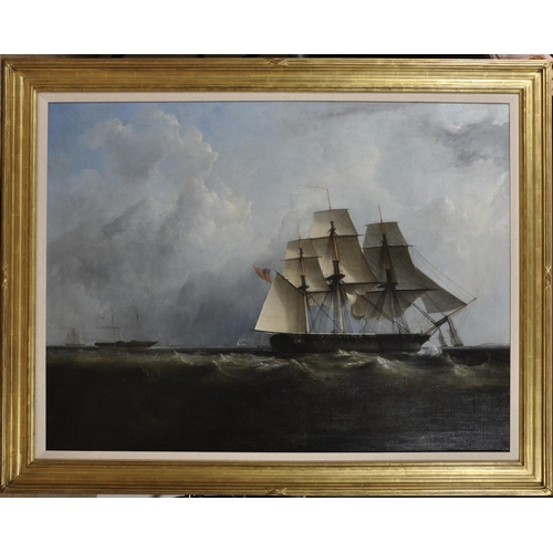 125 - John Lynn (act.1826-1869) British.
'HMS Vernon Shortening Sail after Trial Trip',
Oil on Canvas, Ins... 