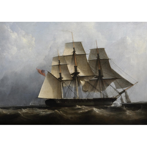 125 - John Lynn (act.1826-1869) British.
'HMS Vernon Shortening Sail after Trial Trip',
Oil on Canvas, Ins... 