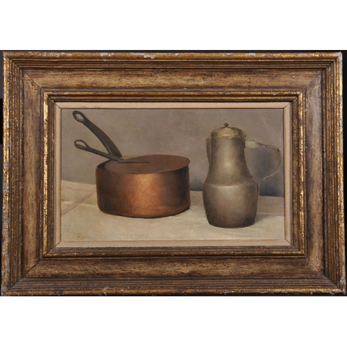 183 - Francois Bonvin (1817-1887) French. Still Life of a Copper Pan and Pewter Jug, Oil on Canvas, Indist... 