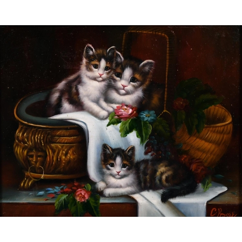 106 - C… Prossit (20th Century) Continental. Kittens at Play in a Brass Bucket, Oil on Panel, Signed, 7.75... 