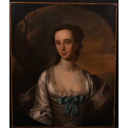 12 - Late 18th Century Irish School. Bust Portrait of a Lady dressed in White Satin with a Blue Bow, Oil ... 