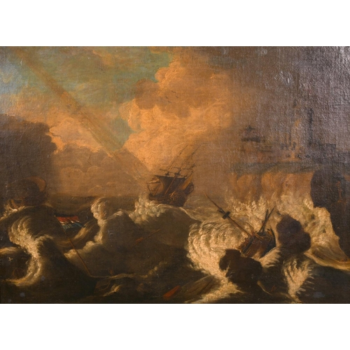 123 - Early 19th Century Dutch School. Ships in a Stormy Sea, Oil on Canvas, 20” x 25.5” (50.8 x 64.8cm)