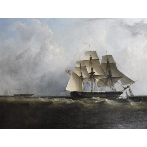 125 - John Lynn (act.1826-1869) British.
'HMS Vernon Shortening Sail after Trial Trip',
Oil on Canvas, Ins... 