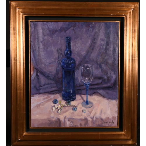 148 - Ricardo Cejudo Nogales (1952-   ) Spanish. “Blue”, Still Life of a Bottle and Glass, Oil on Canvas, ... 