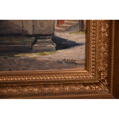 156 - Ludwig Mossler (20th Century) European. A Continental Town Scene, Oil on Canvas, Signed, 29” x 25” (... 