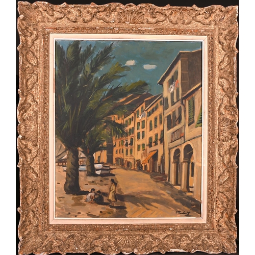 160 - 20th Century French School. A Street Scene with Figures by Palm Trees, Oil on Canvas, Indistinctly S... 