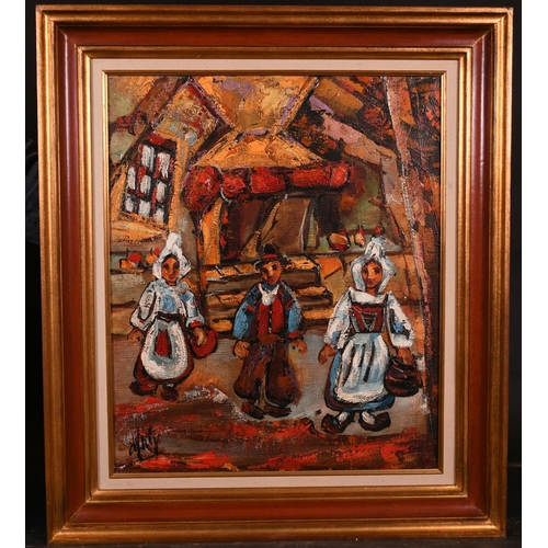 175 - Henry D'Anty (1910-1998) French. Farmworkers in a Street, Oil on Canvas, Indistinctly Signed, 21.75”... 