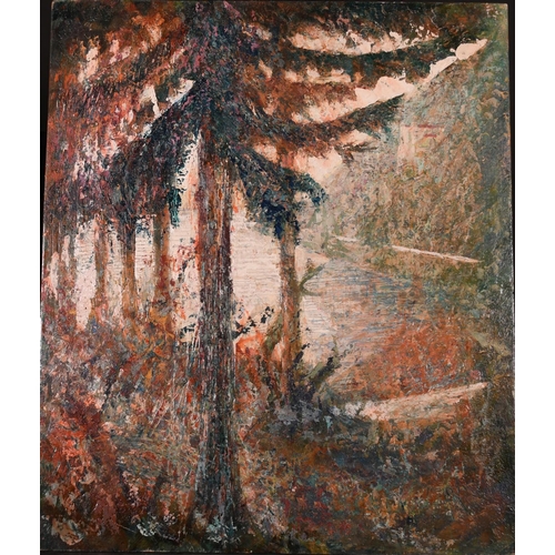 177 - 20th Century Swiss School. Fir Trees by a Lake, Oil on Panel, Indistinctly Signed, Unframed, 25.5” x... 