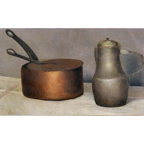 183 - Francois Bonvin (1817-1887) French. Still Life of a Copper Pan and Pewter Jug, Oil on Canvas, Indist... 