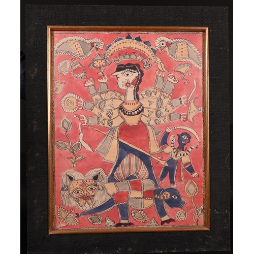 206 - 20th Century Indian School. Durga Riding a Lion, Watercolour, Inscribed on a label on the reverse, 2... 