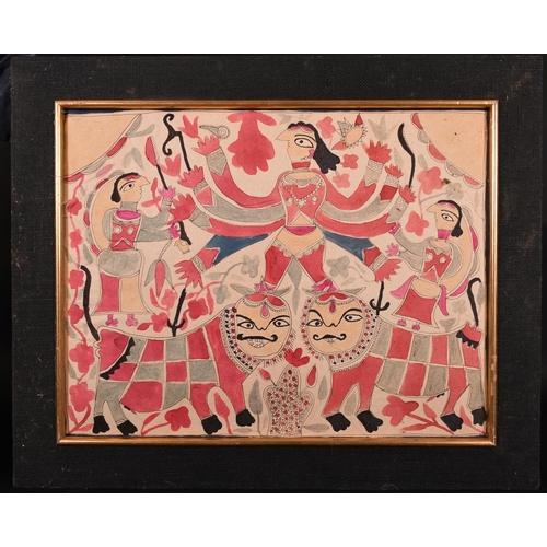 207 - 20th Century Indian School. Durga and Figures dancing with Lions, Watercolour, Inscribed on a label ... 