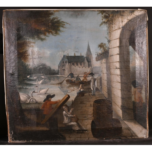 21 - 18th Century Northern European School. A Harbour Inlet with Figures and Swans, Oil on Canvas, Unfram... 