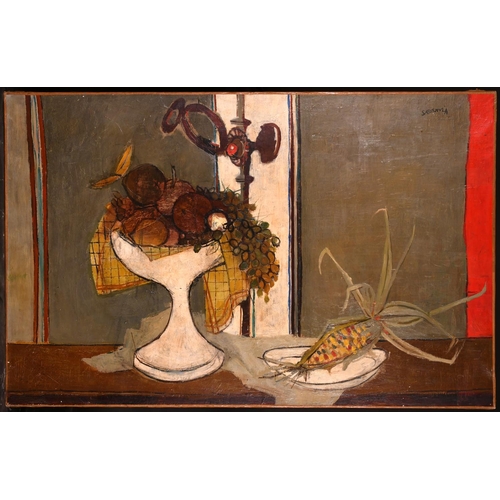 211 - Andres Segovia (1929-1996) Argentinean. Still Life of Fruit in a Bowl, with a Sweetcorn, Oil on Canv... 