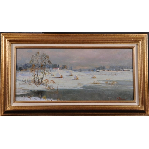 217 - Anatoli Nikolaievich Ladnov (1935-    ) Russian “Frosty Day” Oil on Board Signed in Cyrillic, and Si... 