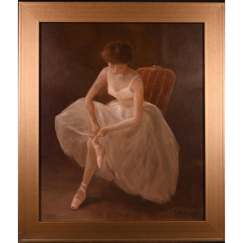 218 - Miloslava Vrbova-Stefkova (1909-1991) Russian/Austrian. A Ballerina Tying her Ribbons, Oil on Board,... 