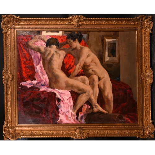 221 - Nikolaj Gerasimovic Burov (1899-1980) Russian. Two Naked Figures on a Sofa, Oil on Canvas, Signed in... 