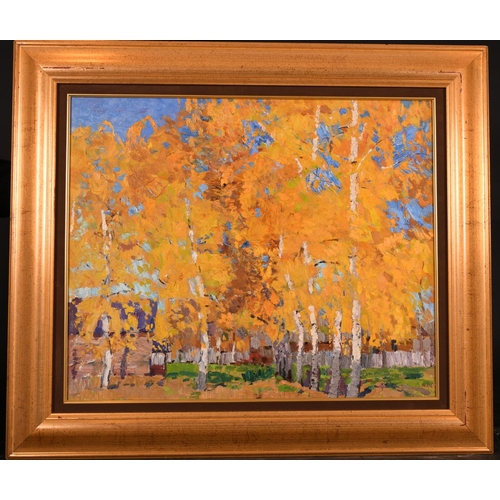 224 - Nikolai Efimovich Timkov (1912-1993) Russian. ‘Autumn Birch Trees', Oil on Board, Inscribed on the r... 