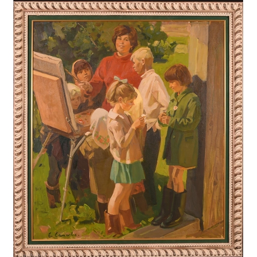 225 - Evgeni Ivanovich Samsonov (1926-    ) Russian. An Artist Painting, with Children Watching, Oil on Ca... 