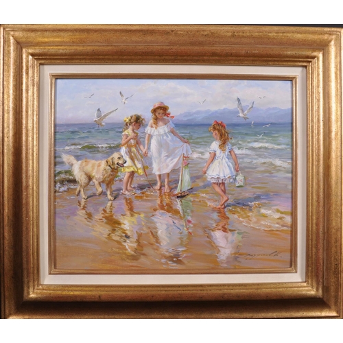 226 - Konstantin Razumov (1974-    ) Russian. “On the Beach by the Sea”, with Young Children a Dog and a T... 