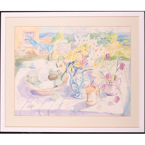 246 - 20th Century English School. Still Life of Fruit on a Garden Table, Watercolour, 22” x 29.25” (56 x ... 