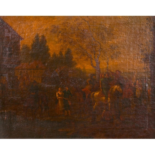 37 - 18th Century Flemish School. Figures outside a Tavern, Oil on Canvas, 11.5” x 14” (29.2 x 35.5cm)