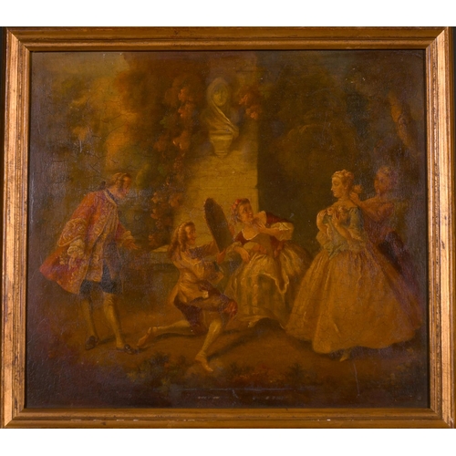 38 - 19th Century French School. Elegant Figures in a Garden Scene, Oil on Panel, 10.25” x 11.5” (26 x 29... 