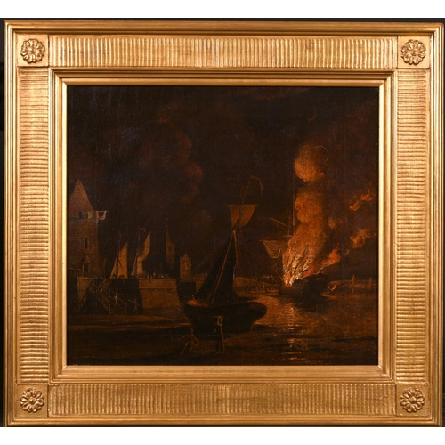 42 - William Marlow (1740-1813) British. ‘A Ship Ablaze at Night in a Town Harbour’, Oil on Canvas, 15” x... 