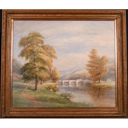 61 - Alfred Thomas Fisher (1861 - ?) British. A River Landscape, with Figures, Watercolour, Signed, 25” x... 