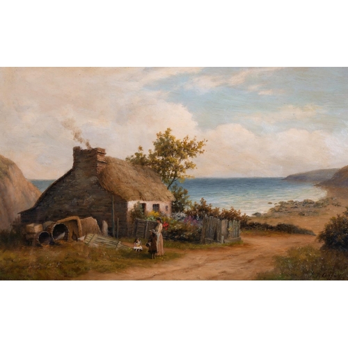 69 - Frank Rawlings Offer (1847-1932) British. A Coastal Scene, with a Mother and Children by a Cottage, ... 