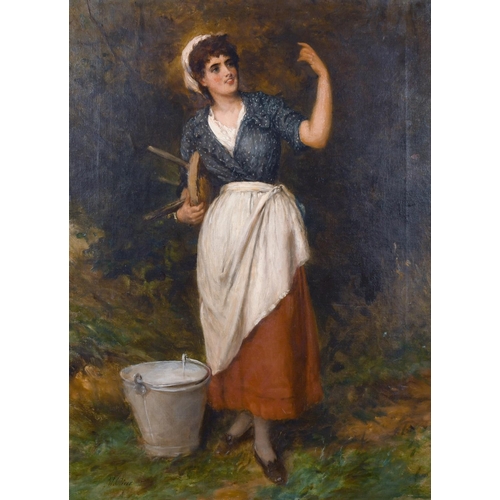 77 - William Oliver (1823-1901) British. Study of a Milkmaid, with a Bucket and Stool, Oil on Canvas, Sig... 