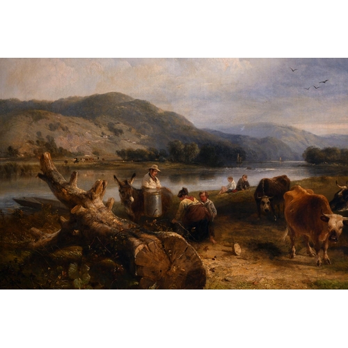 83 - George Cole (1810-1883) British. “Milking Time”, Figures and Cattle in a River Landscape, Oil on Can... 