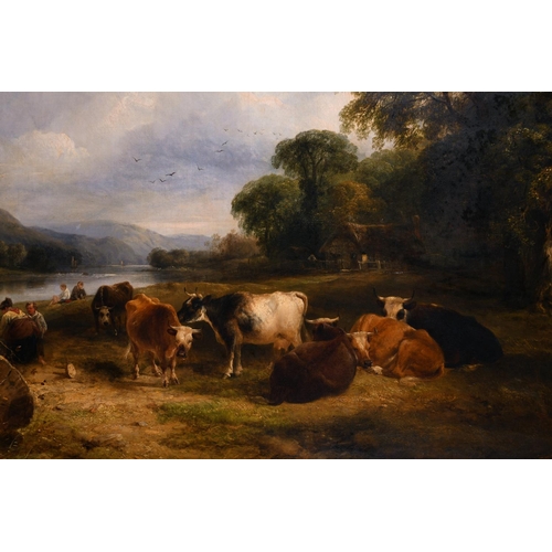 83 - George Cole (1810-1883) British. “Milking Time”, Figures and Cattle in a River Landscape, Oil on Can... 