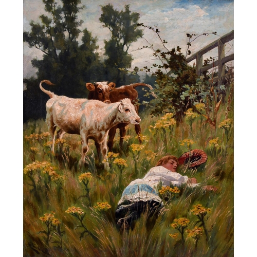 85 - Arthur Wardle (1864-1949) British. ‘Asleep in the Field’, a Young Girl asleep with Two Calves lookin... 