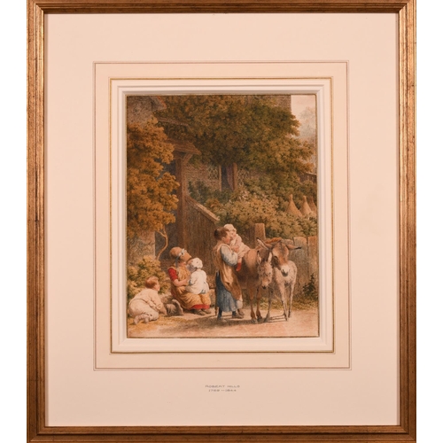 9 - Robert Hills (1769-1844) British. ‘The Donkey Ride’, Young Children with Donkeys by a Cottage Door, ... 