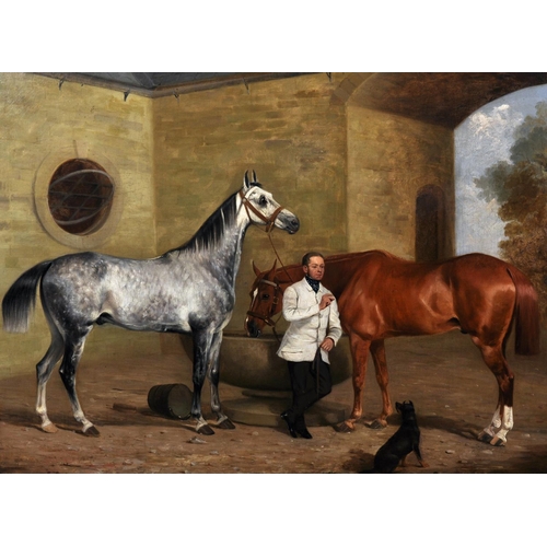 95 - William Barraud (1810-1850) British.
Dappled Gray and Chestnut Thoroughbreds with their Trainer,
Oil... 