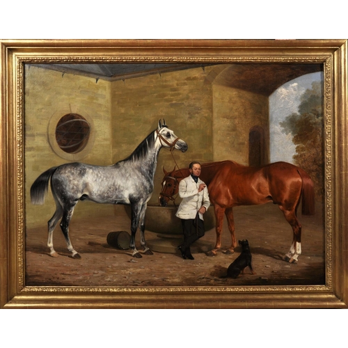 95 - William Barraud (1810-1850) British.
Dappled Gray and Chestnut Thoroughbreds with their Trainer,
Oil... 