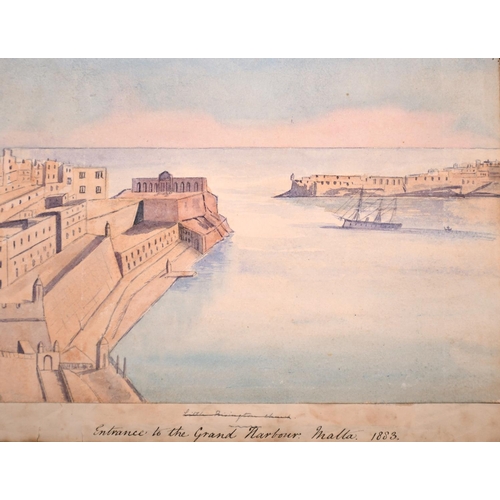 146 - 19th Century English School. “Entrance to the Grand Harbour, Malta 1883”, Watercolour, Inscribed on ... 