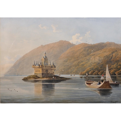 29 - John Varley (1850-1933) British. A Gothic Keep, with Figures in a Boat, Watercolour, Signed, 10” x 1... 